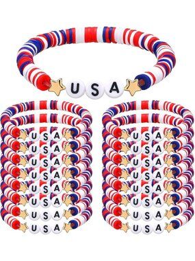 Colorful Polymer Clay Beaded Bracelets Set - Red, White & Blue Bulk Jewelry
